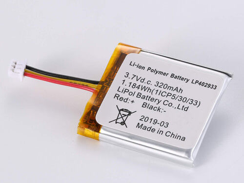Δυνατή μπαταρία λιθίου 3,7V 320MAH LP402933 με 500-1000 κύκλους και ευρύ εύρος θερμοκρασίας